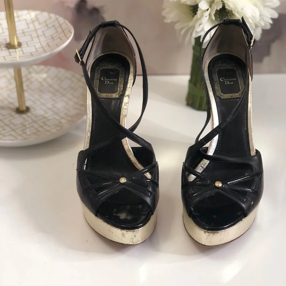 Dior Black Patent Leather Peep-Toe Wedge Sandals with Gold Stud